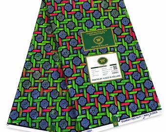 Vlisco Dutch Wax Print Fabric, Green Blue Geometric Cotton by Yard