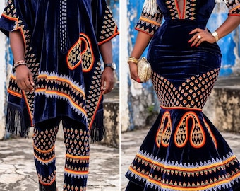 Royal Navy Velvet African Couple Outfit | Cameroonian Traditional Wedding Attire