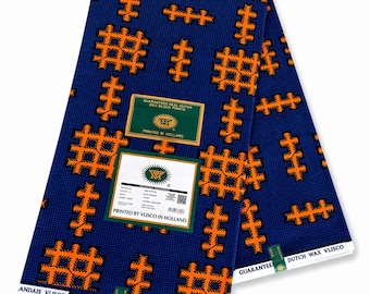Vlisco Dutch Wax Print Fabric, Blue Orange Geometric Cotton, Sewing Apparel (45" Wide)