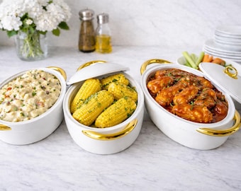 Luxury White Insulated Casserole Dish Set – 3 Piece Gold Handle Food Warmer