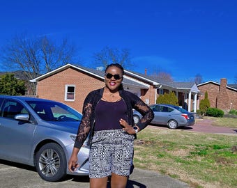 Ankara High Waisted Shorts, Black and White African Print, Summer Festival