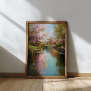 Blossom Reflections by the River, Spring Landscape Art Print, Scenic Woodland Painting, Garden Scene