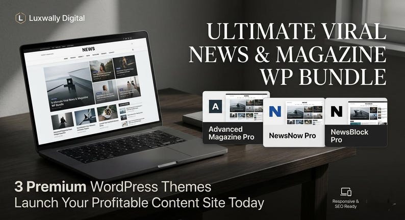 Puede incluir: Un port&aacute;til muestra una interfaz de sitio web de noticias, con el texto "NEWS" en la parte superior. La imagen tambi&eacute;n muestra tres vistas previas de temas de sitios web: Advanced Magazine Pro, NewsNow Pro y NewsBlock Pro. Se muestra el texto "ULTIMATE VIRAL NEWS & MAGAZINE WP BUNDLE".
