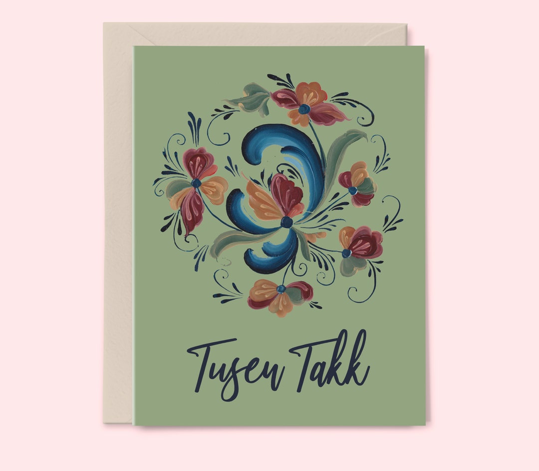 Rosemaling Thank You Card in Green tusen Takk Painting by Elise Watness