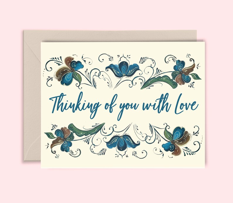 Thinking of You Rosemaling Set of 6 Cards Illustration by Elise Watness image 1