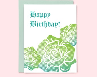 Green Roses Letterpress Birthday Card