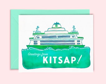 Greetings From Kitsap! Ferry Boat Card - Illustration by Leann Moffitt