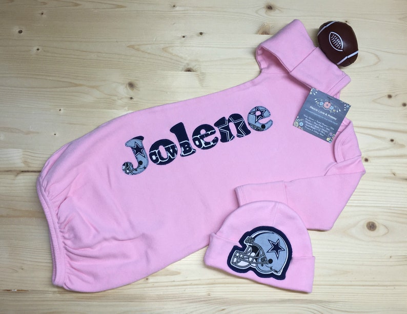 Personalized Baby Gown And Hat Set Dallas Cowboys Girl Newborn Outfit Shower Gift