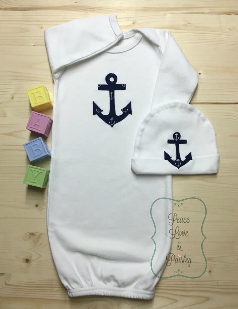CUSTOM PERSONALIZED Anchor Monogram Baby Sleeper Gown /& Hat Outfit Nautical