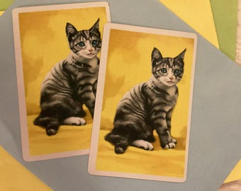 Early vintage playing card, new old stock, yellow, black and white cat kitten junk journal scrapbooking collecting