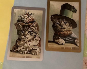 Vintage pair playing cards, cats with hats, new old stock, junk journal scrapbooking collecting