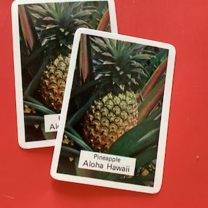 Könnte beinhalten: Zwei Karten mit Bildern von Ananas, beschriftet mit "Pineapple Aloha Hawaii". Die Ananas sind goldgelb mit grünen Blättern, vor einem roten Hintergrund. Die Karten haben weiße Ränder.