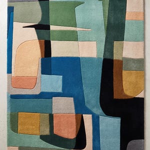 Abstract Color Block Hand Tufted Wool Rug | Mid Century Cubist Patchwork Area Rug | Blue Green Peach Mustard Painterly Modern Art Home Decor