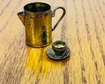 Vintage Miniature Brass Pitcher and Cup Set Trinket Decor Gold Tone Patina