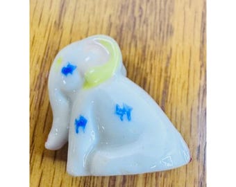 Vintage Miniature Porcelain Elephant Figurine Made in Japan White Blue Stars 1in