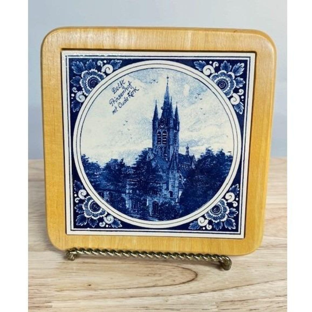 Tin Rivet Frame VTG Delft Blue Tile Trivet Wood Frame Made in Holland Handcrafted by ...