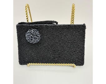 Vintage Black Beaded Wristlet Clutch Bag with Rosette Detail Evening Pouch