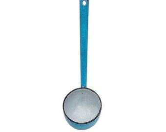 Vintage Blue Speckled Enamelware Ladle Primitive Farmhouse Kitchen Dipper 12.5in