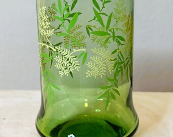 VTG Libbey MCM Green Glass w/ Fern& Leaf Design,Cottage,Whimsical,Retro
