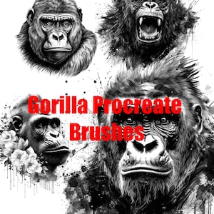 Könnte beinhalten: Eine digitale Kunstsammlung mit drei schwarz-weißen Illustrationen von Gorillaköpfen mit Tintenspritzereffekten, darunter ein Gorilla mit Blumen, wobei der rote Text Gorilla Procreate Brushes in der Mitte des Bildes überlagert ist.