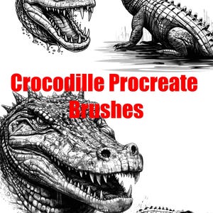 Peut inclure: Un ensemble d'illustrations numériques en noir et blanc représentant plusieurs crocodiles, dont une tête détaillée avec la gueule ouverte et un profil complet. Le texte rouge "Crocodille Procreate Brushes" est centré sur l'image.