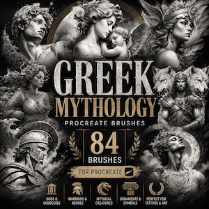 May include: A digital collection of 84 Procreate brushes titled Greek Mythology. The graphic features black and white illustrations of classical figures, warriors, and mythical creatures, with gold text accents and icons for gods, heroes, and symbols.