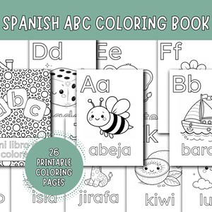 Könnte beinhalten: Eine Sammlung von 26 ausdruckbaren spanischen ABC-Malvorlagen. Jede Seite zeigt einen Buchstaben des Alphabets mit einem zugehörigen Bild und spanischem Wort. Die Seiten enthalten Illustrationen eines Hauses, Würfeln, einer Biene und eines Segelboots.
