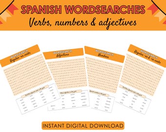 Spanish Word Searches – Verbs, Numbers, Adjectives (Printable PDF)