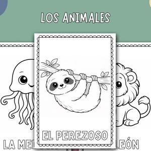 Könnte beinhalten: Eine Sammlung von schwarz-weißen Tier-Malvorlagen. Die Seiten zeigen Illustrationen einer Qualle, eines Faultiers, das an einem Ast hängt, eines Löwen und eines Flamingos. Der Text "LOS ANIMALES" steht oben.