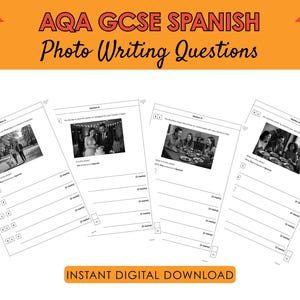 Puede incluir: Un conjunto de preguntas de escritura fotográfica AQA GCSE español en papel blanco. El texto "AQA GCSE SPANISH Photo Writing Questions" está en la parte superior. Las palabras "Instant Digital Download" están en la parte inferior.