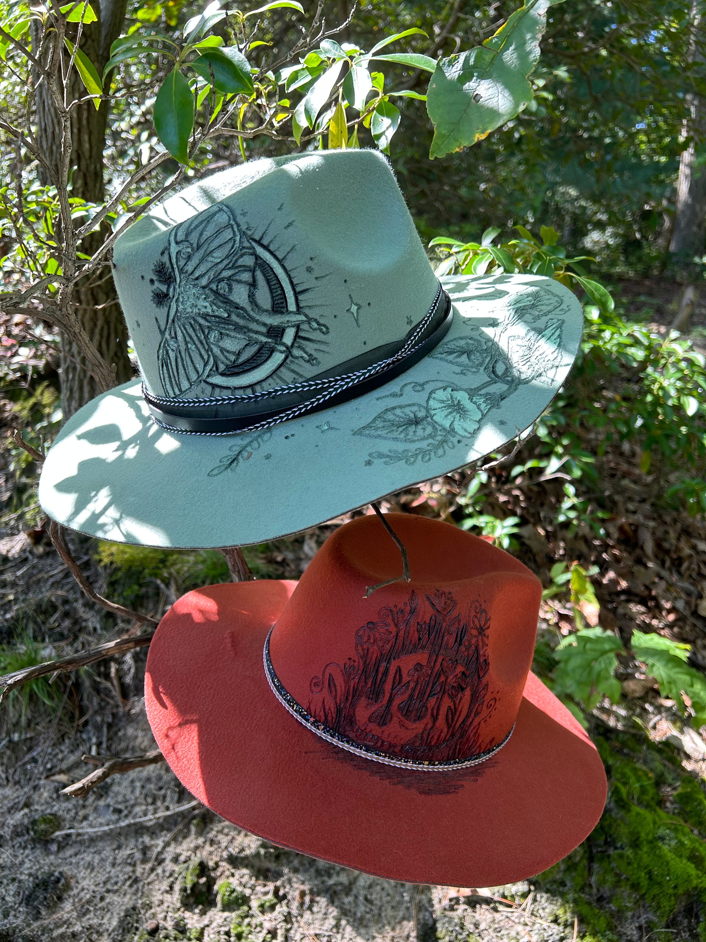 Fedora hand painted and wildlife pyrography green Bird Fedora - Etsy main image 4