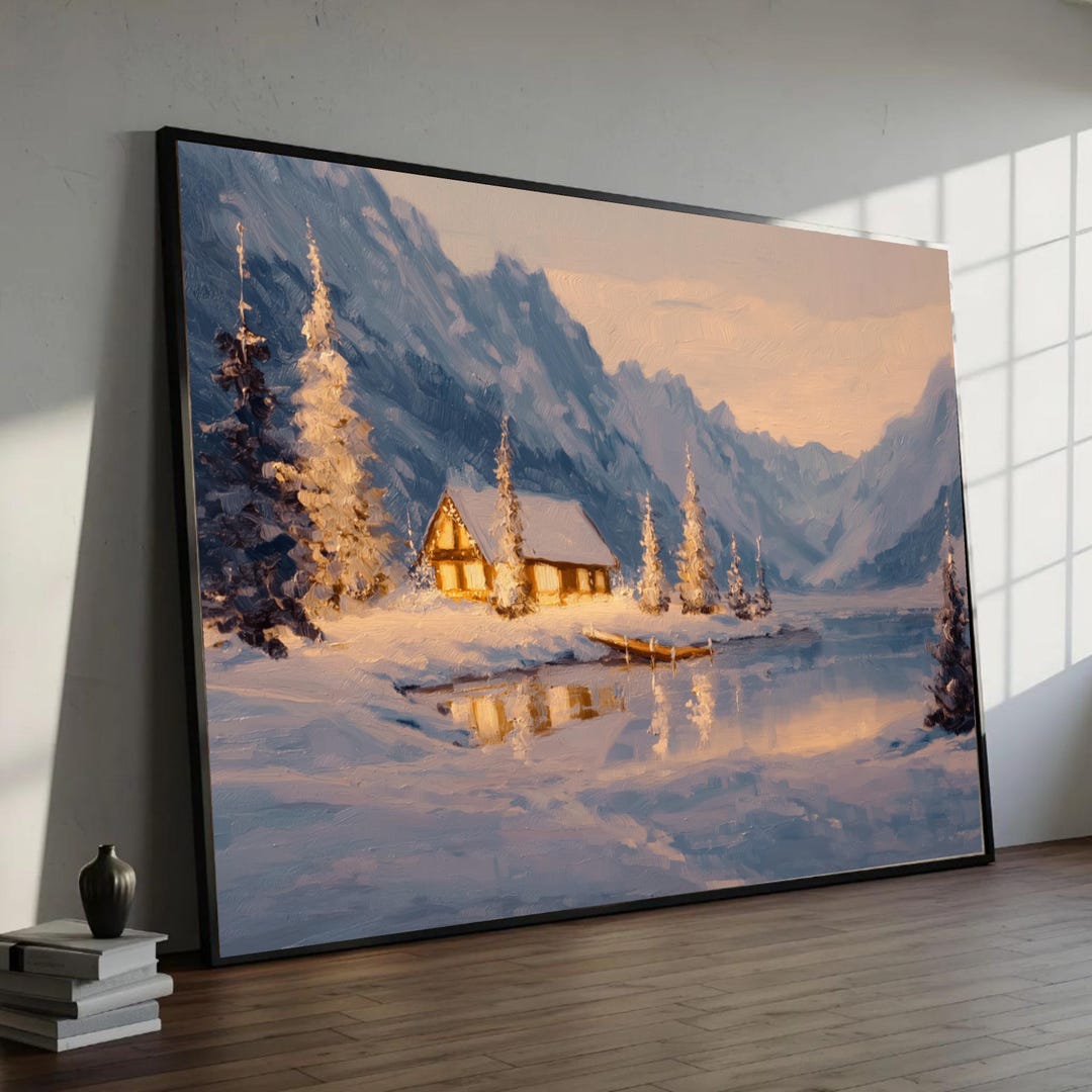 Snowy Mountain Cabin Canvas, Winter Lake Landscape Wall Art, Rustic ...