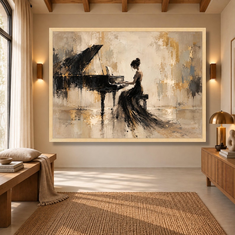Woman Playing Piano Wall Art Gold Black Music Canvas Print for Living ...