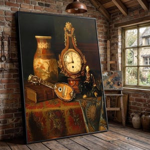Puede incluir: Una pintura enmarcada de naturaleza muerta con un reloj dorado, un jarrón decorativo y un laúd. La pintura también incluye una pequeña figura y un libro, todo dispuesto sobre una alfombra estampada. La obra de arte está ambientada en una habitación rústica con una pared de ladrillo y suelo de madera.