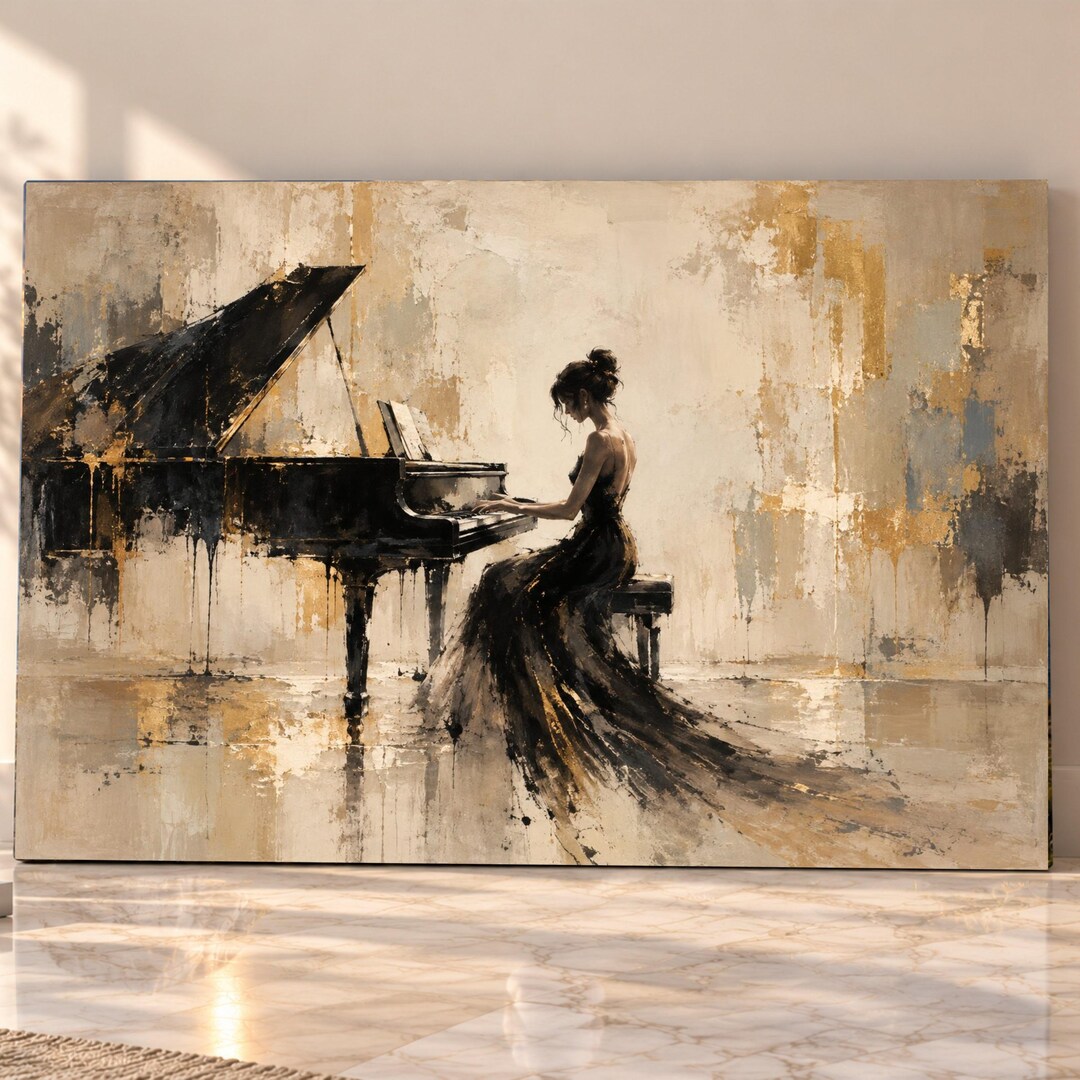 Woman Playing Piano Wall Art Gold Black Music Canvas Print for Living ...