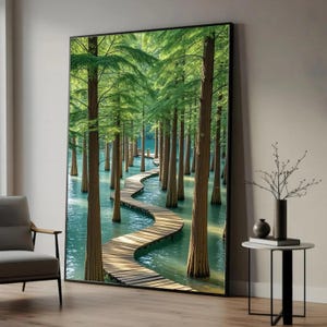 Tranquil Forest Path Canvas Wall Art, Curved Walkway Over Water, Peaceful Nature