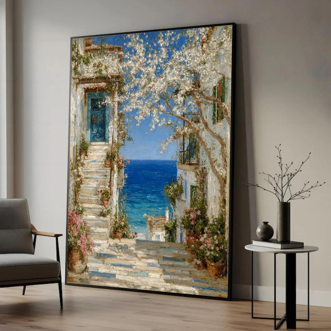 Mediterranean Coastal Village Canvas Print, Sea View Wall Art, Floral ...