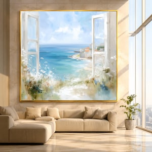 Coastal View Canvas Print, Seaside Window, Floral Meadow Artwork