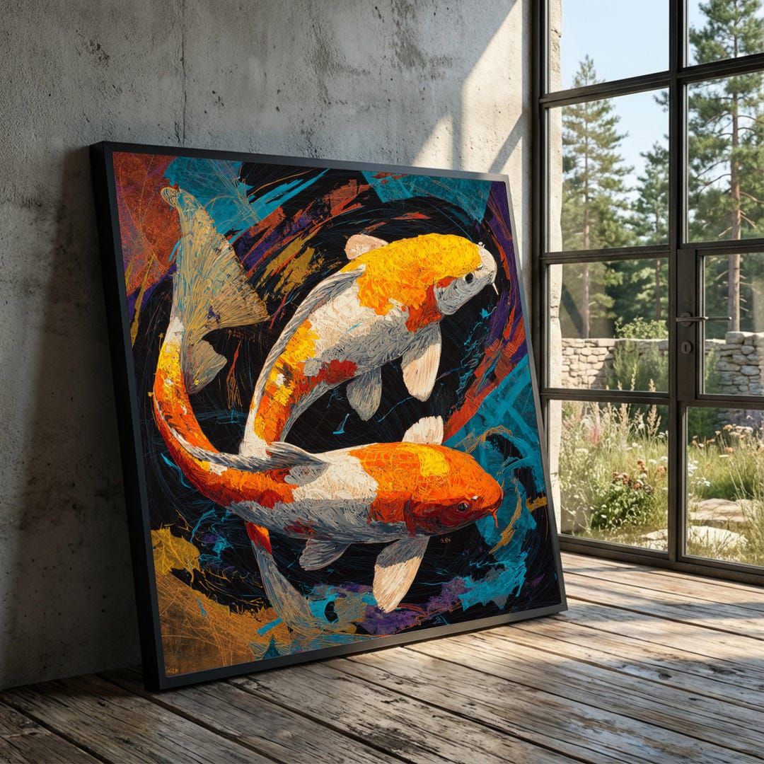 Vibrant Koi Fish Canvas Wall Art, Japanese Koi Pond Painting, Colorful ...