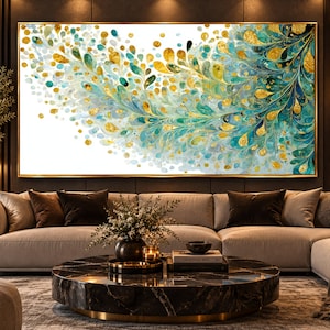 Turquoise Gold Peacock Feather Canvas Print, Abstract Botanical Wall Art (Ready to Hang)