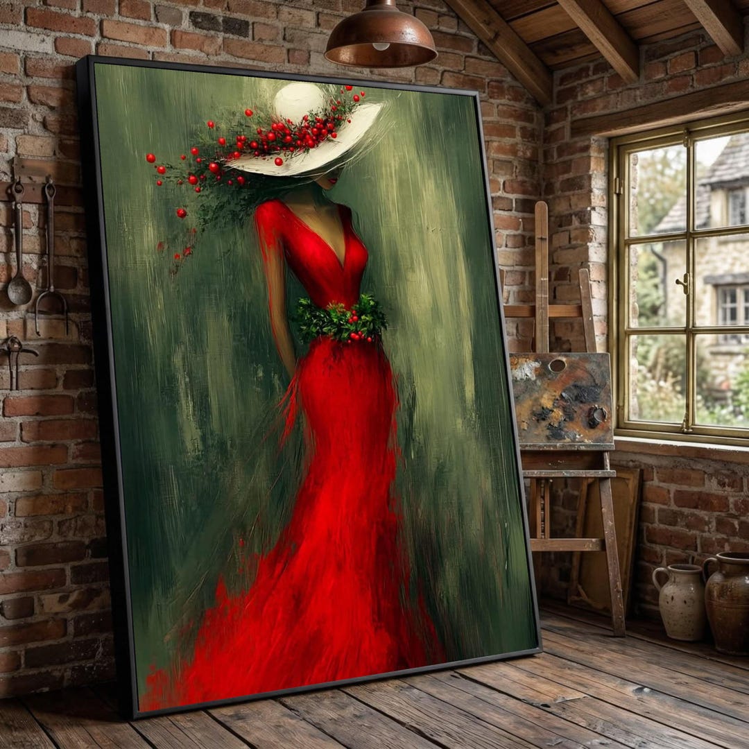 Elegant Woman Red Dress Canvas Print, Floral Hat Fashion Art, Modern ...