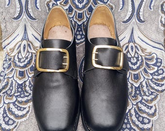 Napoleon Style Handmade Black Leather Buckle Shoes – Historical Napoleonic Era Footwear | Custom Size Available