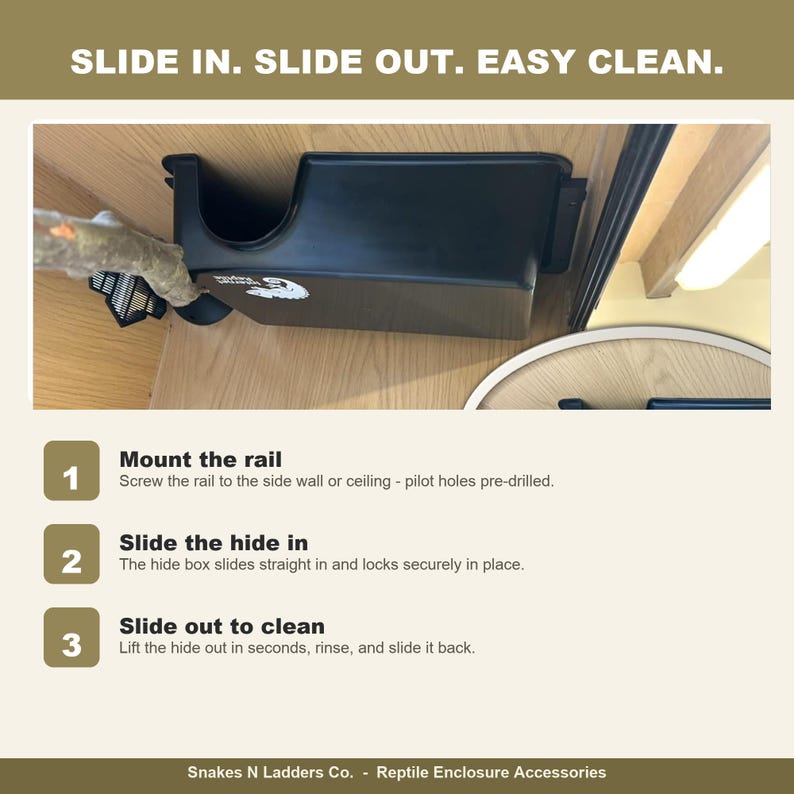 Slide in slide out easy clean reptile hide rail, three step install