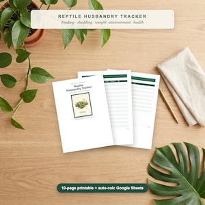 May include: A Reptile Husbandry Tracker document set featuring a cover page with a green snake illustration, followed by interior pages with tables for tracking feeding, shedding, weight, environment, and health. Includes a gold pen and paper.