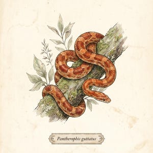Puede incluir: Una ilustración en acuarela de una serpiente del maíz, Pantherophis guttatus, enroscada alrededor de una rama de árbol cubierta de musgo con hojas verdes. La serpiente presenta patrones de manchas naranjas y marrón rojizo. Una etiqueta muestra Pantherophis guttatus.