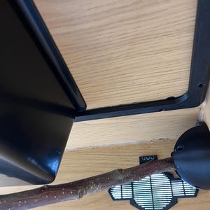 May include: A close-up view of a reptile enclosure interior. The image shows a black plastic corner, a wooden branch, and a black ventilation system. The background is light-colored wood.