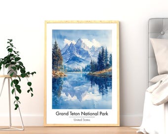 Grand Teton National Park Travel Print, Wyoming Wall Art, Watercolor Poster, Home Decor, Alpine Landscape Art, Printable Digital Download