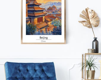Impression voyage Pékin Chine, art mural Chine, affiche aquarelle, décoration asiatique, art paysage urbain, impression numérique en téléchargement