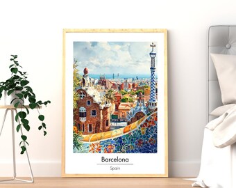 Barcelona Spain Travel Print, Spain Wall Art, Watercolor Poster, Mediterranean Home Decor Cityscape Landscape Art Printable Digital Download