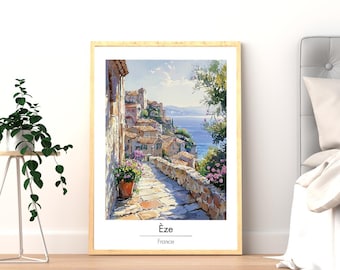 古き良きフランスの村エズ、水彩画、デジタル印刷可能、ニュートラルな